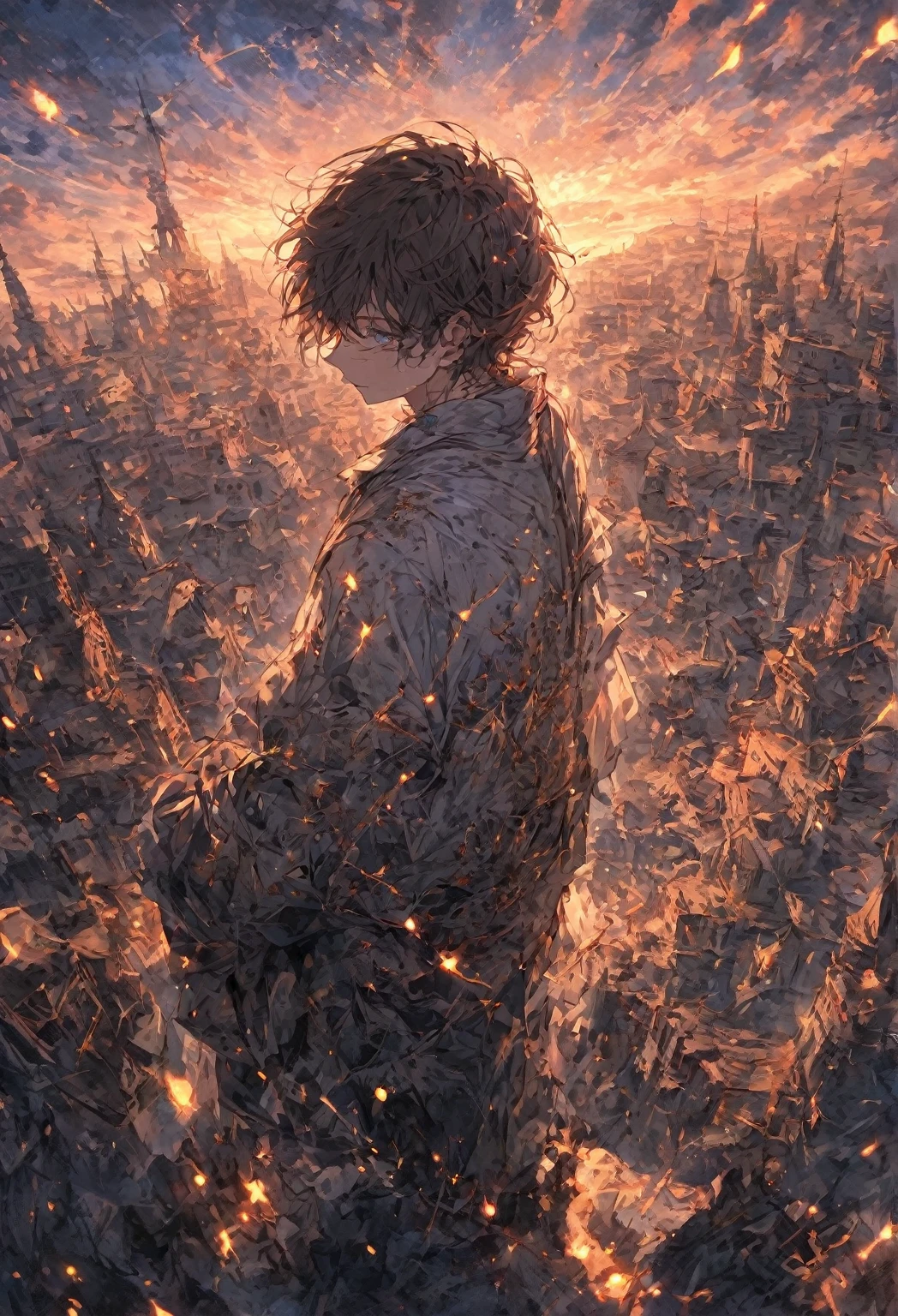 A (rear view:1.5) One Man\( male,dark brown hair to hide the eye area,blue cosmic eye,Adult Outline), ,gray travel costume,Carrying Mosin Nagan,adult vibes,He looks down at the abandoned city from an abandoned medieval castle, beautiful sunset, Fierce war\(( Lots of Sparks and Fire ), , fighter, Many Buildings Collapsed, Nature is destroyed,  Majestic and Spectacular Scenery \)  Under the clouds   , break ,quality\(8k,very well detailedCGユニットのwallpaper, masterpiece,high resolution,top-quality,top-quality real texture skin,surrealism,raise resolution,born,pictures,最高のquality,very well detailed,wallpaper,cinematic lighting, perspective,delicate,. Raytrace  ,  golden ratio\),[],dynamic angle,[],From the above