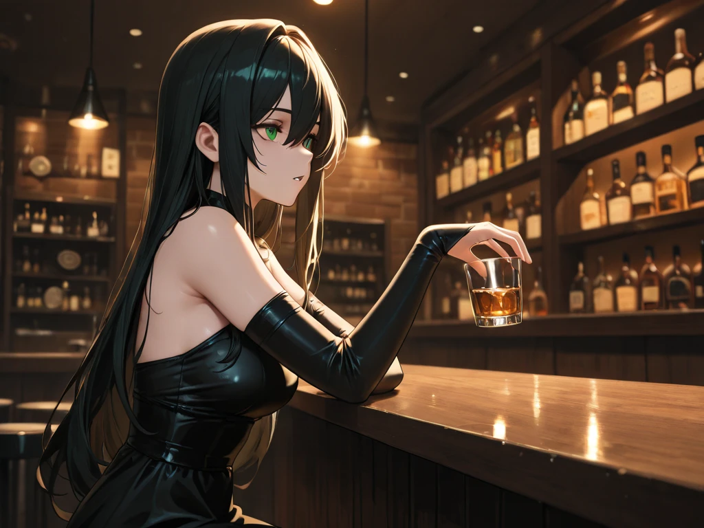 (((top-quality, masterpiece))), (best quality), (detailed), (((depict one young girl))), (solo girl), bartender girl, happy, charming, smiling, highly detailed beautiful face, delicate girl, delicate face, dark hair, long hair, poney tail, dark eyes, black eyes, dark look, ((small breasts)), nice hips, flat belly, slim waist, define collarbone, (((sofisticated and detailed black leather dress))), ((sexy dress)), (((black lace stocking))), standing in front of a bar counter, sexy pose, cinematic shadow, Holding beer cup, irish pub atmoshpere, she is leaning against the bar counter, she leans forward, and we can see a large cleavage