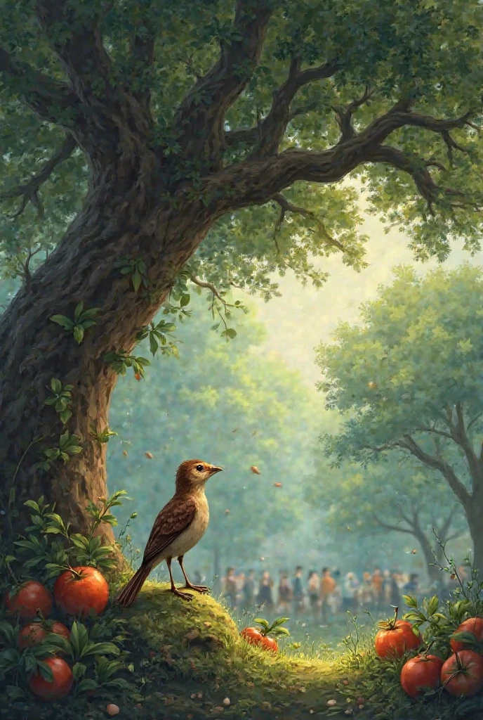Under a large tree, Small little bird, skinny sitting in seclusion. He quietly watched his friends preparing a feast of ripe fruit from a distance, his sad eyes wavered with the apparent laughter of