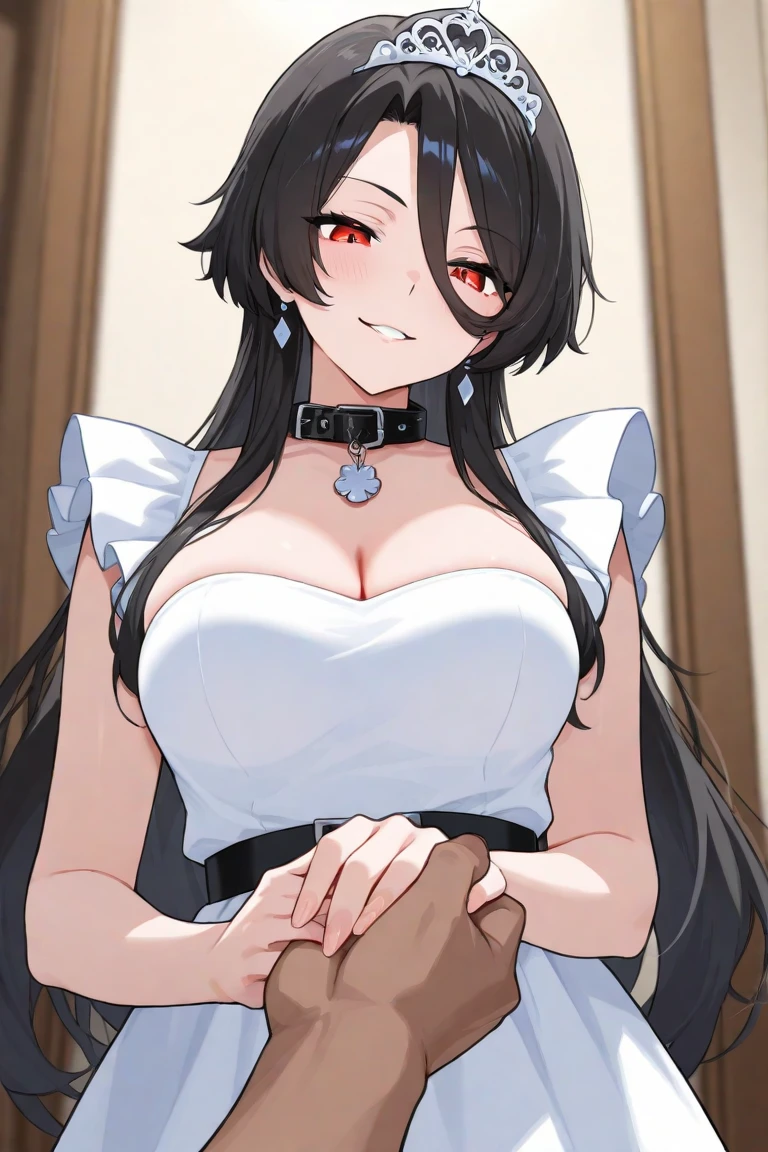 1girl, masterpiece, best quality, illustration, miracle tou, indoors, upper body, black dress, hair ornament, flower, cleavage, jewelry, looking at viewer, evil smile, , black hair, red eyes , naked breast, medium breast, big nipples, pointy nipples, evil grin, pale skin, white skin, big areola, white color areola, white color nipples,