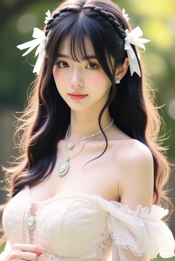 best quality、tmasterpiece、ultra high resolution、actual、1 girl、Glossy skin、((Surreal detailed))、Global photo、8K、Highly complex details、shinning eyes、Black straight hair、highkey、pureerosfaceace_v1、A smile、Elegant pose、plump breasts、White ultra-thin transparent lace、Lots of flowers in the background