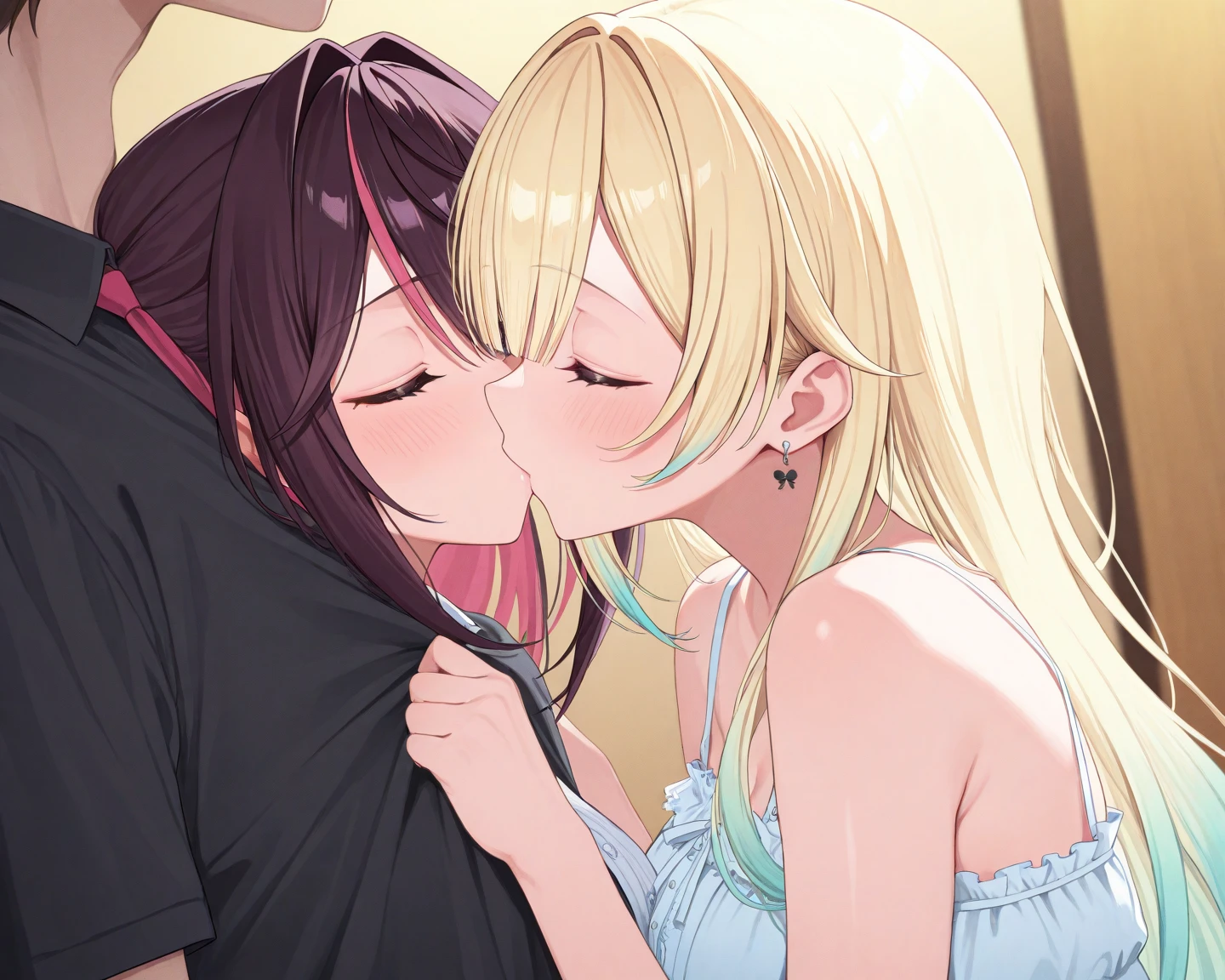 (Highest quality、4K、8k、High resolution、masterpiece:1.2)、Extremely detailed、(Genuine、animation、animation:1.3)、two naked blonde Japanese schoolgirl　Ride on a girl on the bed 、yuri、other's crotch kissing、Attacking another girl's vagina with a Double-headed dildo、Brown eyes、sweat、steam、necklace、bracelet、