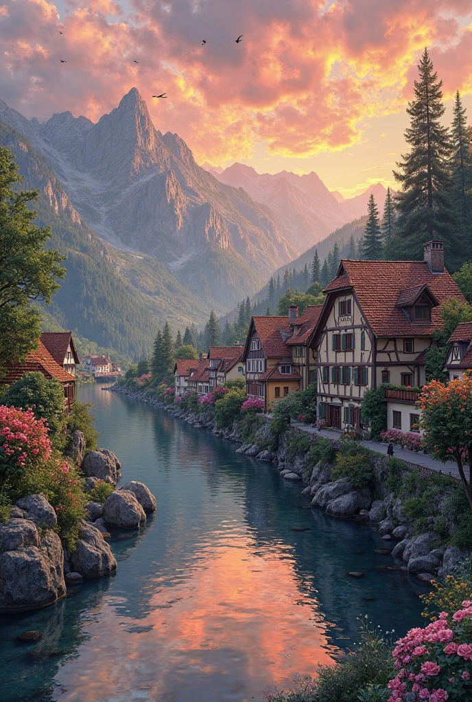 a small village by the river, mountains in the background, floral flowers colorful, detailed landscape, Beautiful natural landscapes, atmospheric lighting, scorching sunset, warm colours, practical, photopractical, Detailed Foliage, complex buildings, cobblestone street, Charming country house, swirly vibrant colors, lush vegetation, Still water reflections, Picturesque, idyllic, work of art, best qualityer, 8k, extremely detaild,anime styling