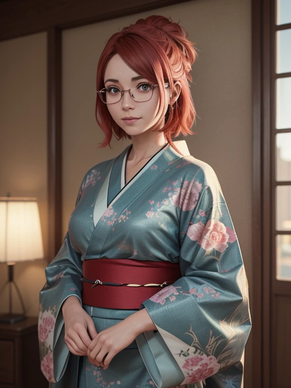 (short player, red hair:1.2), green eyes, glasses on her face with diopters in a metal frame, (kimono:1.2), smile, a  girl stands at a sign on the wall of the house. (masterpiece, top quality, Best quality, official art,  beautiful and aesthetic:1.2), extremely detailed,(fractal art:1.2),Colorful,The most detailed. ((elegance. photorealism. Unreal engine.  3D model. Ultra high quality textures. high detail.  8k resolution))