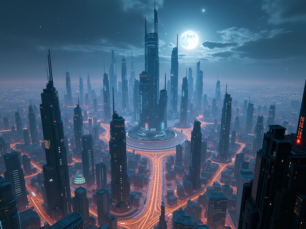 Create 1 image of a super metropolis from a distance with a multitude of super beautiful high-rise buildings in the bright night