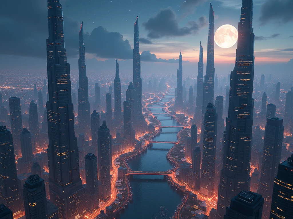 Create 1 image of a super metropolis from a distance with a multitude of super beautiful high-rise buildings in the bright night