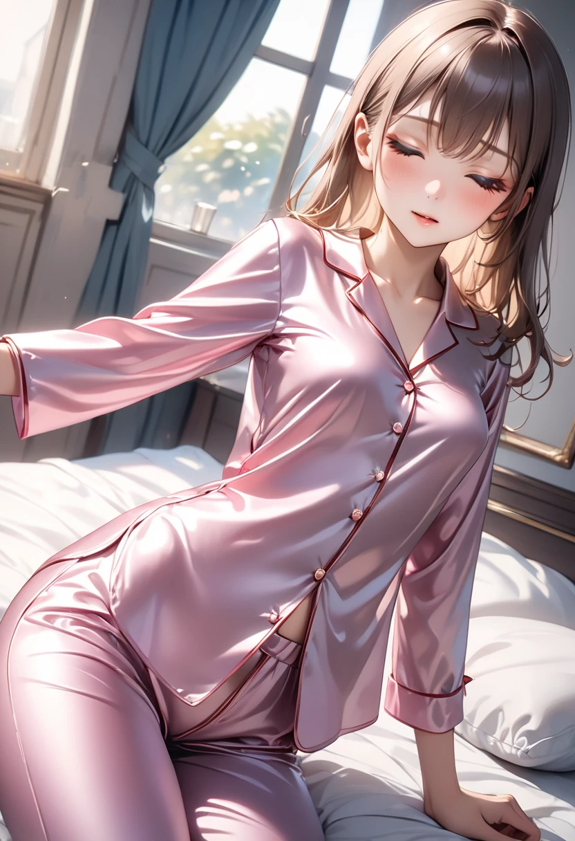 Sleeping girl, 22 years old, realistic, she is wearing long pants, she is wearing pink pajama, brown hair.