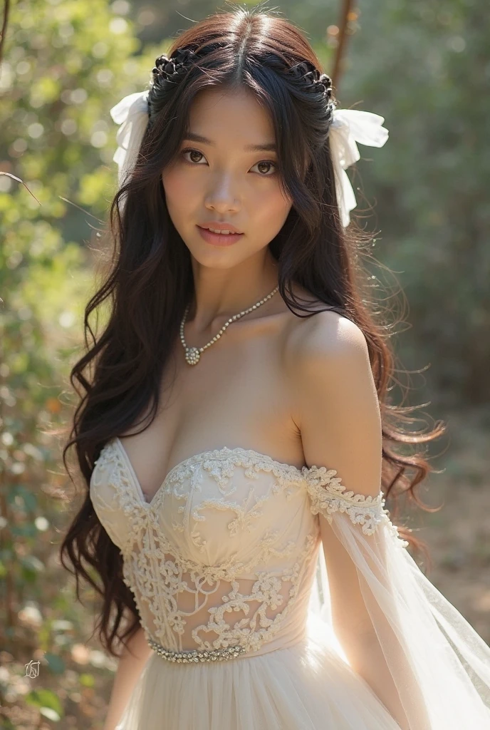 full-length photo Of A Beautiful Woman, Unique Dress, Vibrant, Depth of field, In Beautiful Dress, (( Natural Light)), (( Sunny Day )),(( Beautiful Clear Brown Eyes )), long Brown Hair, (( Unique Hair Ornament )), In Centre, (( Photorealistic )), DSLR, Highly Detailed, 4k, Extreme Details, Realistic, (( Wide Shot )), full-length photo, full-body shot