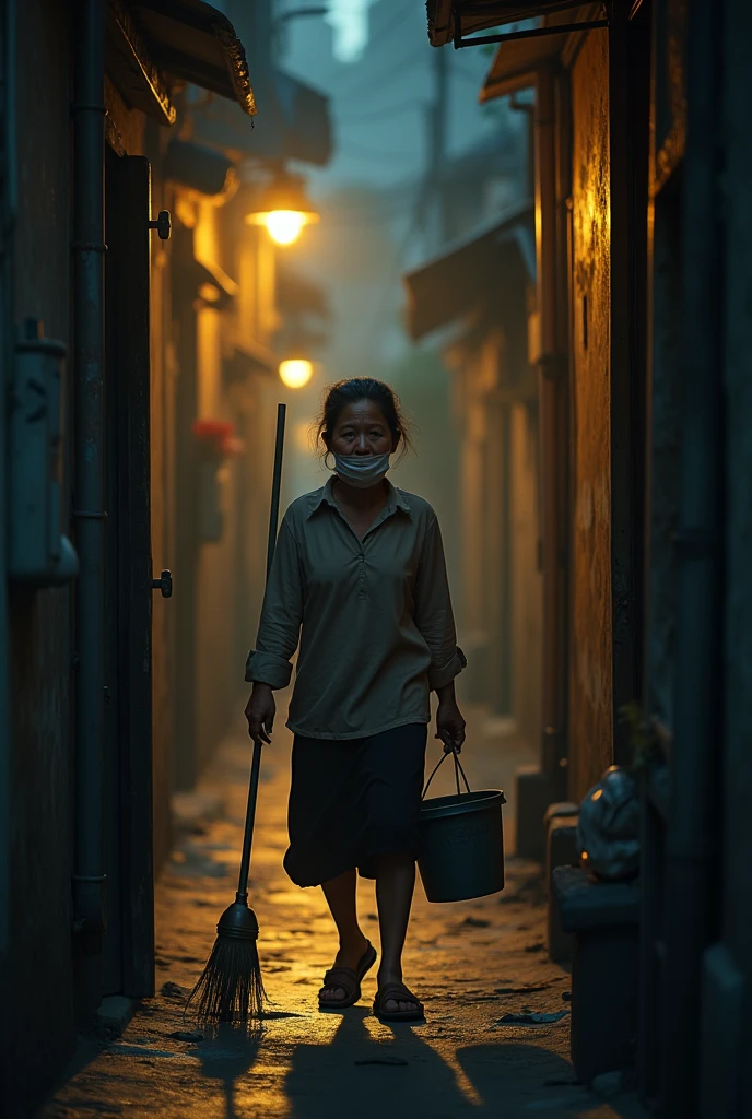 A quiet early morning in a narrow alley. A tired mother wearing a faded long-sleeve shirt, face mask, and old brown plastic sandals walks out with a broom and a bucket under dim yellow streetlights.