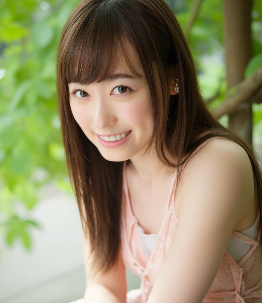 1girl, woman, 25 years old woman, beautiful, beautiful face, Cute face, medium breasts, flirtatious look, ((very detailed)), (perfectly detailed face), looking at viewer:1.8, (1girl eyes looking at viewer:1.55), Upper body, Simple Background, Emphasis on the chest, Hands behind the body, hands behind head, hands behind head, smile, photorealistic image, girl in summer clothes, Plain costumes, White outfit, Park Bench, miniskirt, photorealistic, (bokeh), best quality, 8k, UHD, anatomically correct, textured skin