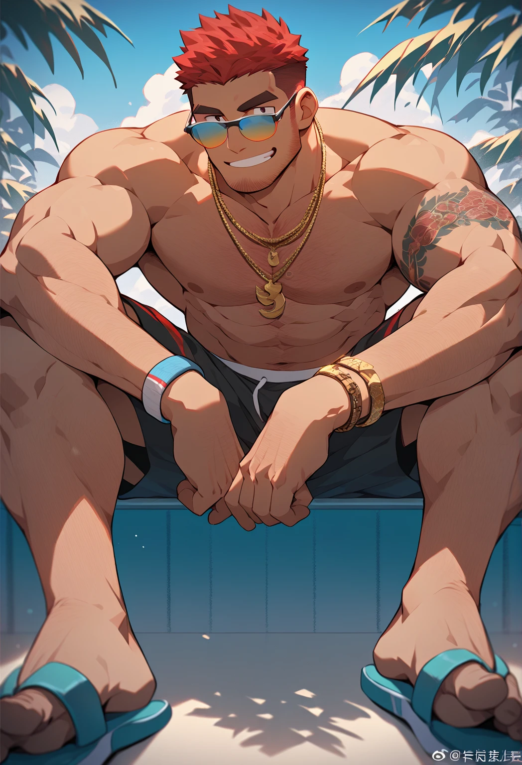 Male dragon,Cyborg Dragon,The golden dragon,Young dragons,Bare upper body and white underwear,sandals,Claw feet,Magnetic blast coils,Beach villas,Sit on a recliner,It's raining,head fins,Detailed golden eyes,lifelike skin,Detail ratio,Slim,Sexy,The scales are truly textured,photo-realistic,Masterpiece,Clear,8K,3Drenderingof