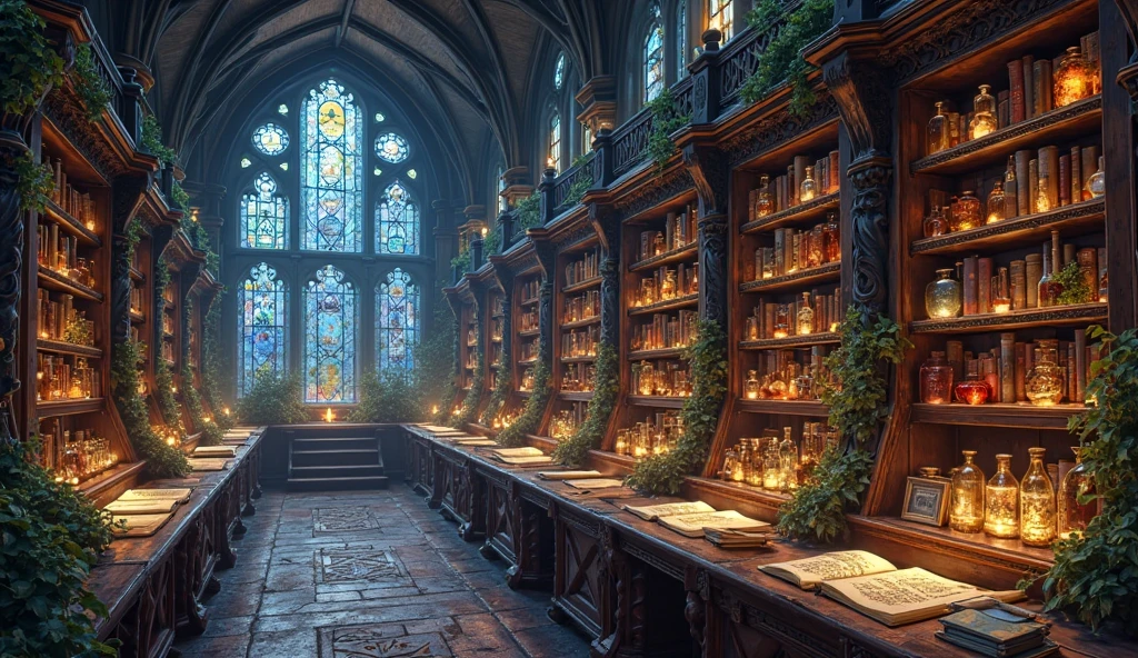 An ancient alchemical library with gothic vaulted ceilings and tall wooden bookshelves filled with glowing scrolls and mysterious vials, biophilic plants hanging from the ceiling, a secret shelf sliding open to reveal a glowing copper-bound grimoire with golden sigils, ethereal blue-violet light filtering through stained-glass windows, magical ambiance, soft glowing runes, enchanted atmosphere, fantasy realism, painterly style, high detail, ambient light