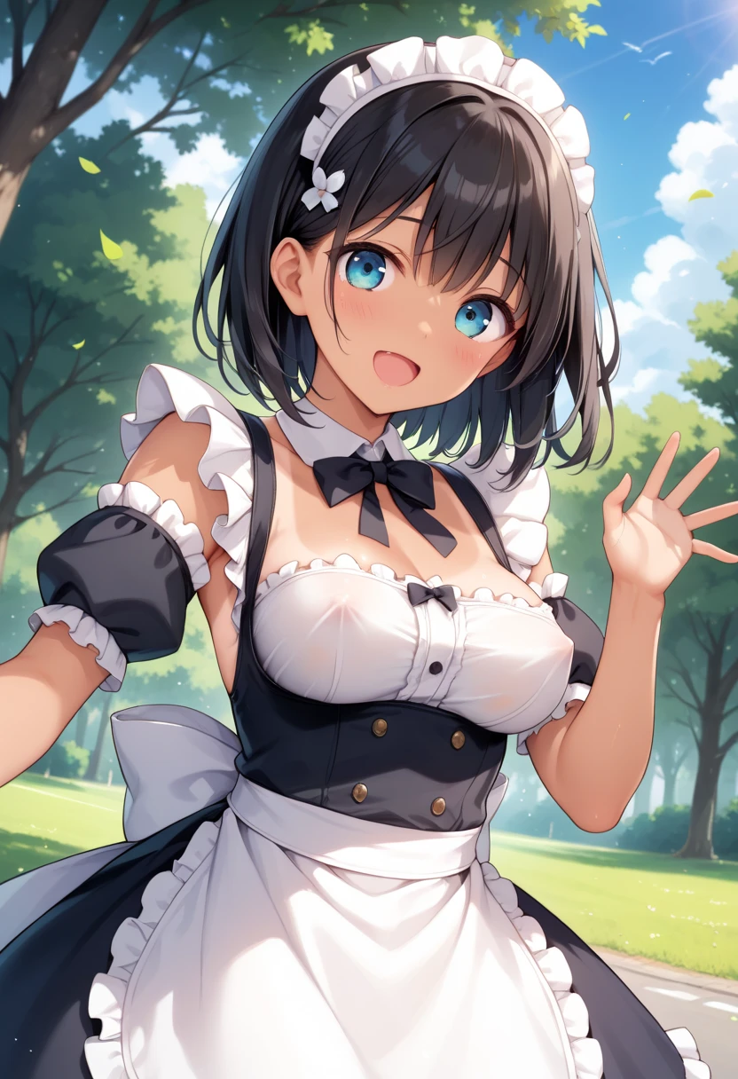 Anime girl, maid, Japanese clothes. Black hair, blue eyes, long Sleeve, outdoor, Grass field, Picnic, upper body, blush, breast