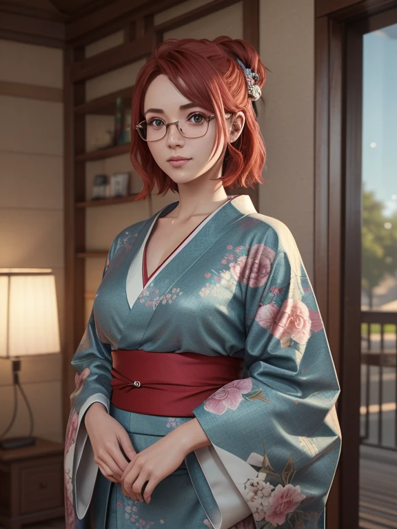 (short player, red hair:1.2), green eyes, glasses on her face with diopters in a metal frame, (kimono:1.2), size 2 chest, smile, a  girl stands at a sign on the wall of the house. (masterpiece, top quality, better quality, official art,  beautiful and aesthetic:1.2), extremely detailed,(fractal art:1.2),Colorful,The most detailed. ((elegance. photorealism. Unreal engine.  3D model. Ultra high quality textures. high detail.  8k resolution))