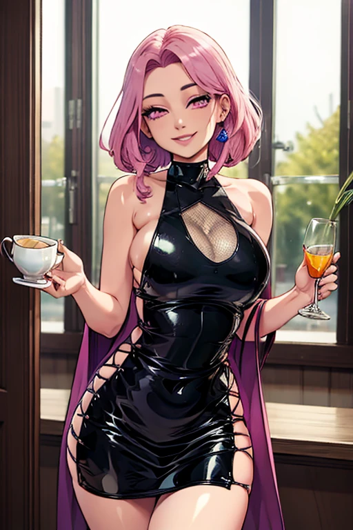 Best Quality, Masterpiece, Portrait, Perfect Anatomy, Femininity, Cool, Flawless, One Woman, Solo, Sexy, Stylish, Mature, Purple Eyes, Long Light Pink Hair, Big Breasts, Red Lipstick, Big Breasts, In a Sexy Sheer Top, portrait, full face? with a cup of hot coffee, morning, against the background of the room