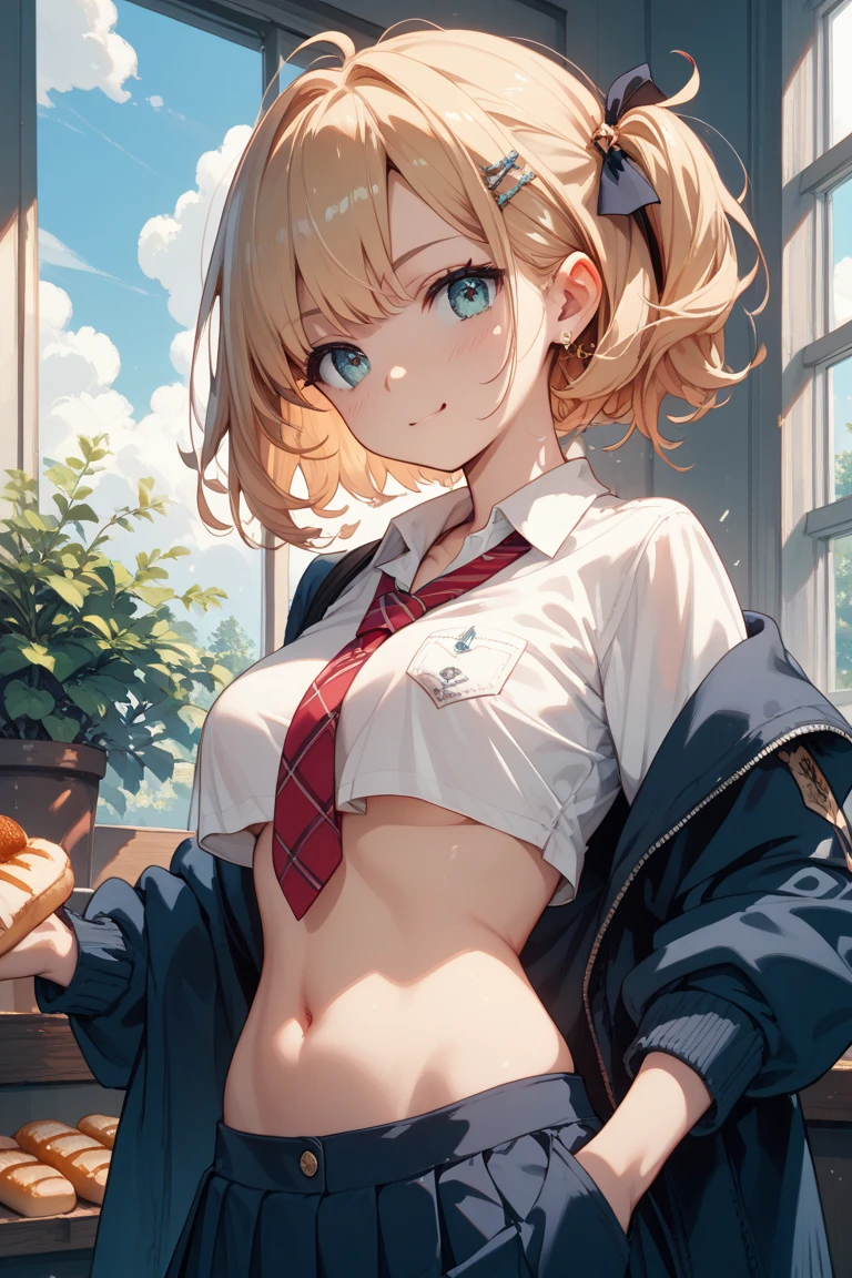 the anime female is revealing her to be seen here for only one second, 1girl, solo, skirt, navel, long hair, underwear, panties panties, breas, hair or blue eyes, clothes lift, shirt, blush, white shirt, star hair ornament, hair ribbon, ribbon, lifted by self, star (symbol), cowboy shot, headphones around neck, hair between eyes, bowtie, window, skirt lift, bangs, parted lips, jacket, green bow, collared shirt, headphones