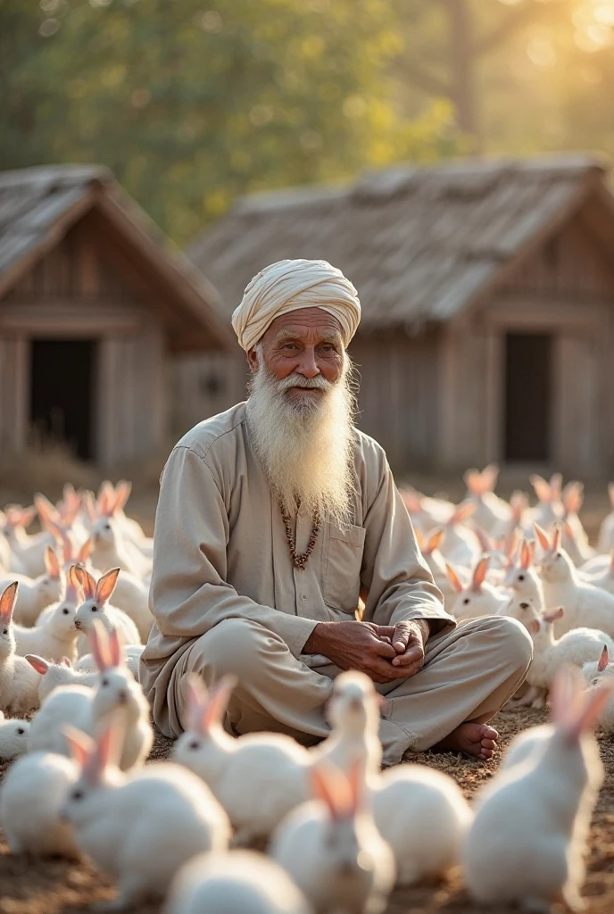 "A wise elderly farmer with a long white beard and a traditional turban sits cross-legged in the middle of a poultry farm surrounded by many white rabbit. He wears a simple traditional outfit and has a serene expression. Rustic wooden hen houses are in the background under soft morning sunlight, creating a peaceful rural atmosphere."