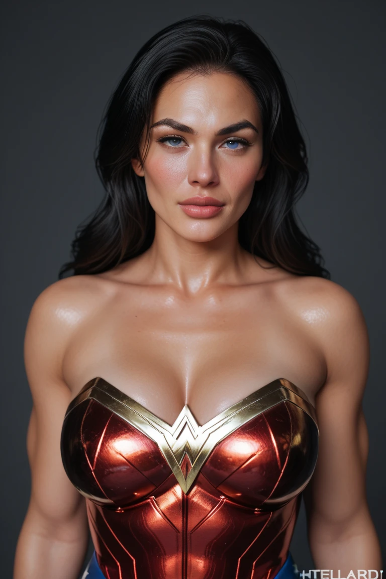 Wonder Woman bodybuilder, muscular, super strong,((upper body selfie, happy)), masterpiece, best quality, ultra-detailed, solo, gym, analog style (look at viewer:1.2) (skin texture) (film grain:1.3), (warm hue, warm tone) :1.2), close up, cinematic light, sidelighting, ultra high res, best shadow, RAW, upper body