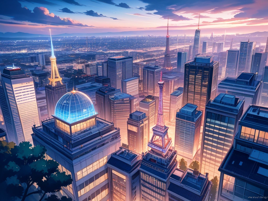 A breathtaking panoramic view of Tokyo at night, seen from a high vantage point, no people, glowing city lights stretching to the horizon, clusters of skyscrapers, Tokyo Tower visible in the distance, delicate watercolor painting style, soft mist in the air, reflections of lights on buildings, dreamy and cinematic atmosphere, purple and blue tones, ultra-detailed and elegant