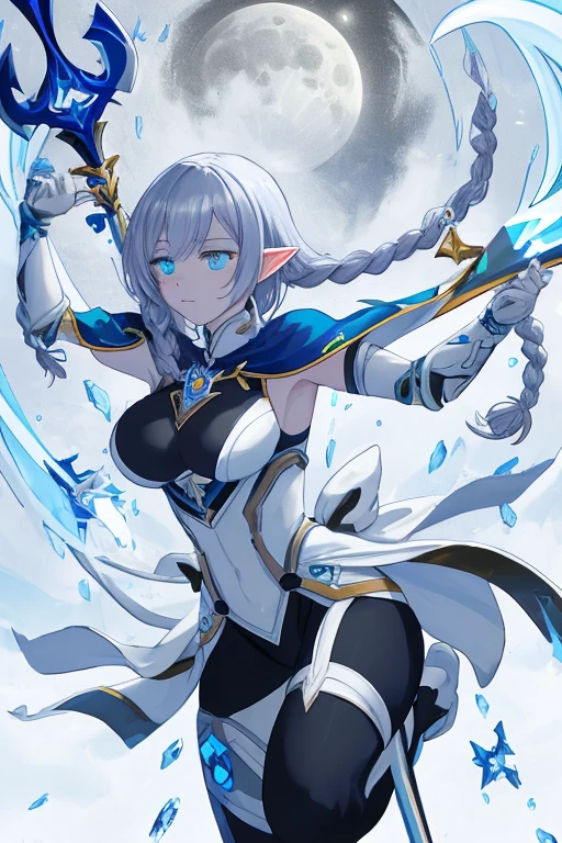 Professor Elowen Mistralight, a 25-year-old elf woman, medium height and delicate elf with silver hair, mysterious and penetrating light blue eyes, He wears a robe with patterns of wind and water, tight light blue fabric pants, long, with navy blue riding boots, the boots reach the knee, a magic wand and castle background, anime style. Individual image of her in full body. He is in action pose. Has one leg raised with the knee bent, His mouth is slightly open as if he had exercised a lot.. He has light skin. She has her hair down and blowing in the wind.. feminine and sexy body.