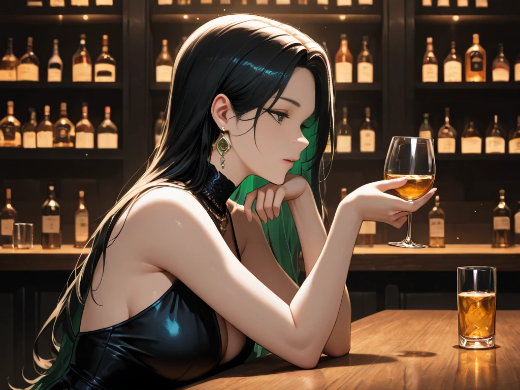 a woman with long brown hair, green eyes is sitting on the date with a drink in her hand. black short minidress
