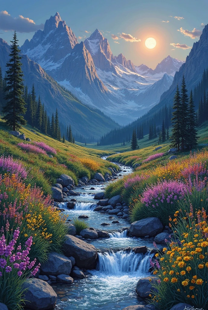 A stunning landscape showing a quiet valley at moonrise, with imposing mountains in the background. In the foreground, a small stream flows over smooth rocks, surrounded by colorful wildflowers of pinks, yellows and purples. The moonlight casts a warm glow. At night, the scene is illuminated with soft, diffused light, enhancing the tranquil atmosphere. The composition is well-balanced, leading the viewer's eye from the flowing water through the colorful flowers to the towering mountain peaks. A few scattered trees add depth and perspective. The overall style combines realism with a dreamy Impressionist touch, creating an inviting and tranquil atmosphere, perfect for capturing the beauty of nature's harmony.