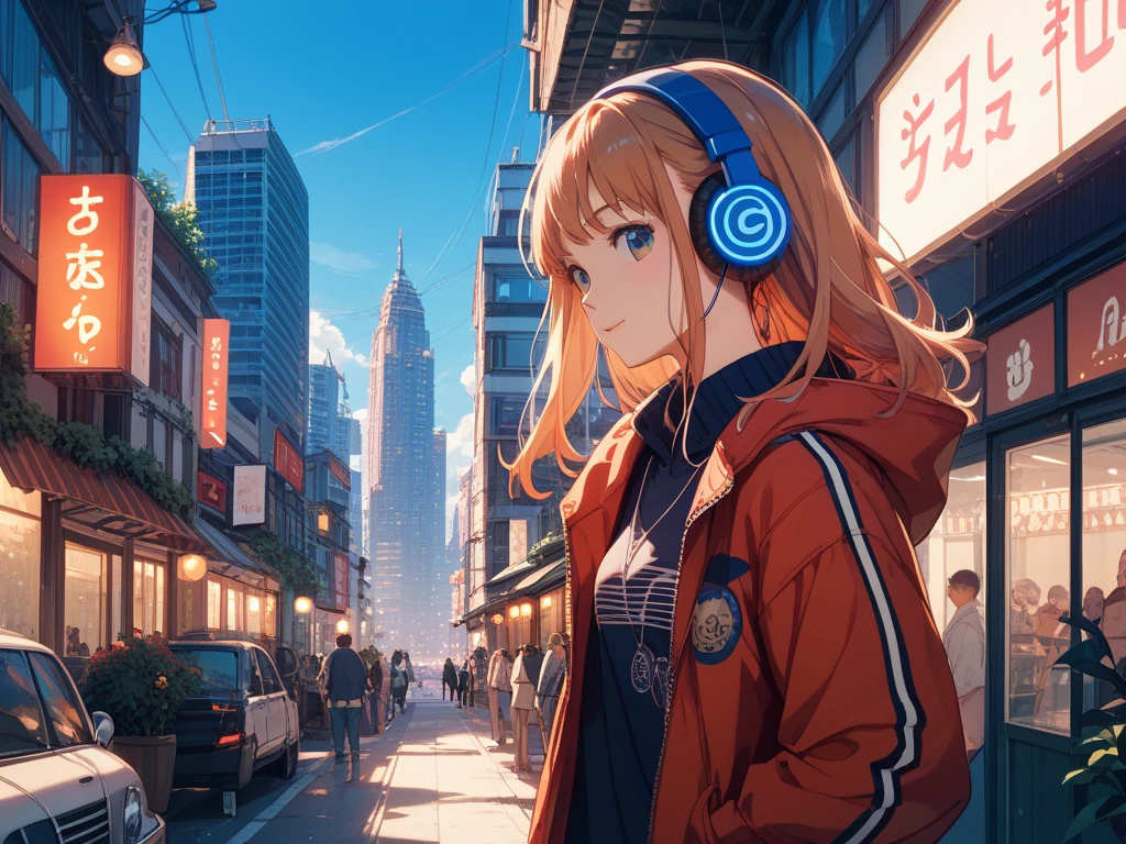  headphones、machine、study、 Ghibli style illustration 、 city pop、evening