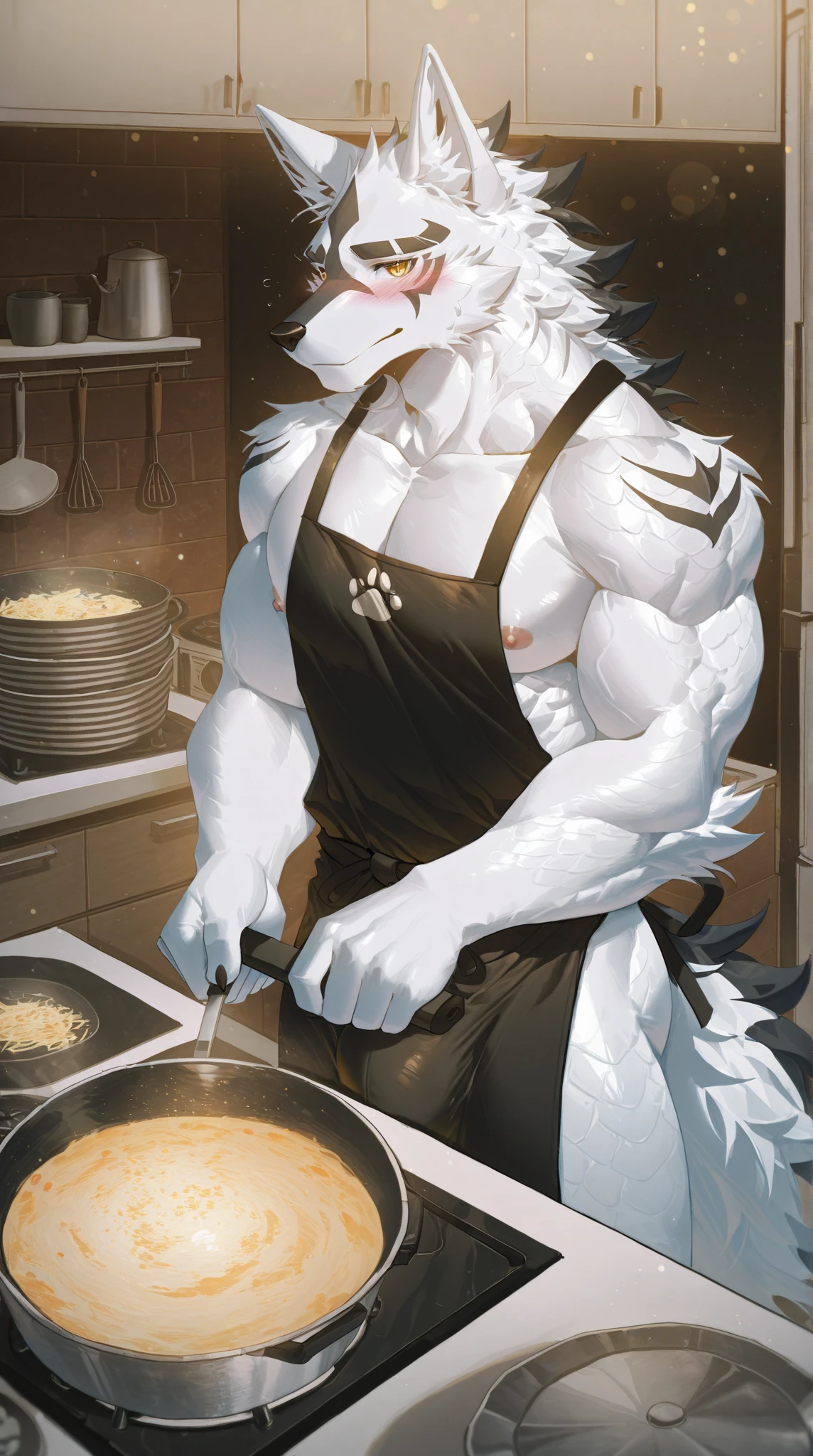 (best quality, masterpiece:1), solo, furry male anthro lucifer, goat boy, naked apron, satan apron, text on apron, standing, muscular male, (masculine face:1.2), short hair, tail, looking at viewer, smile, seductive, holding bowl and spoon, (kitchen counter baking blurry blurred background:1.1), <lora:lucifer-v1:1>