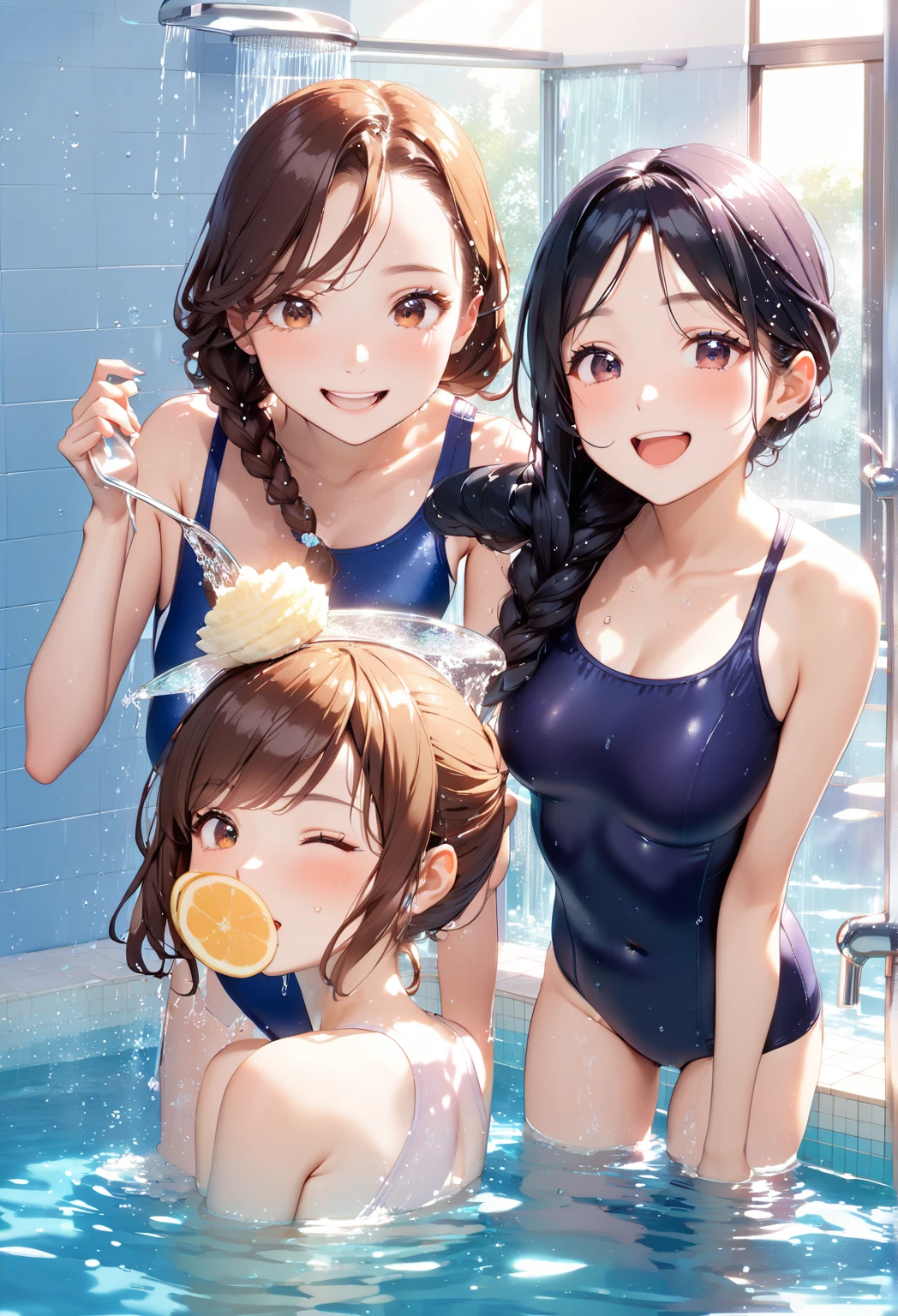 Highest quality、High resolution、Detailed Background、(Beautiful face in every detail:1.4)、Anatomically correct、Detailed facial expressions、(Detailed eyes:1.2)、Teenage beauty、(Huge breasts:1.2)、Highly detailed face、Light color hair、Braided bob cut、ponytail、Perfect body line、well-groomed eyebrows、Water play spot、Water play slide、Water play event、
(Three smiling girls playfully splashing water on each other:1.5)、
White school swimsuit、White Sailor School Swimsuit、My whole body gets wet、Smiling、A big smile、A fun atmosphere、Accentuate your cleavage、cute
