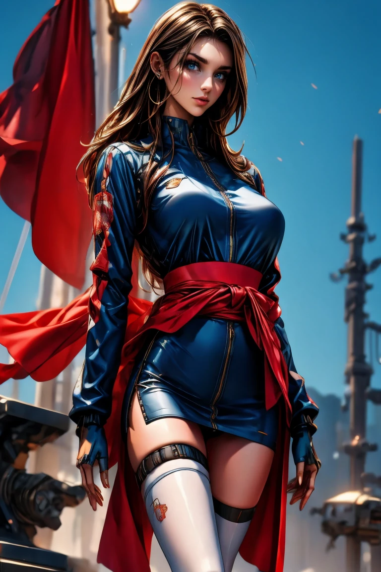 (8K, RAW photos, best quality, masterpiece:1.2), (realistic, photo-realistic:1.5)、(1 woman), (26 year old Japanese woman)、hair is gray、Eye color is dark blue、high definition face, (rich wavy long hair)、(((Detailed Superwoman Suit))), Cloak, The wind blows and blows, My chest sticks out、huge breasts, Sagging breasts due to gravity, (sunny weather),  (A thin waist), sit on the railing, slim body, light skin, clean skin, photometry, shining, (whole body:0.7)