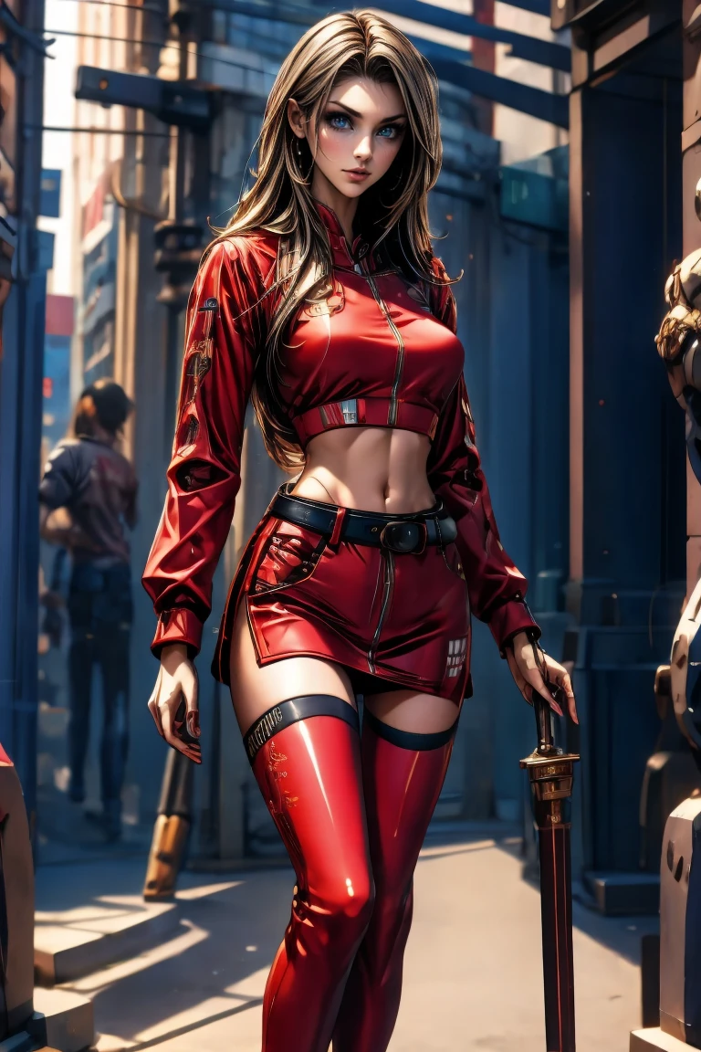 A full-body, ultra-detailed semi-realistic digital painting of a mature Serbian woman in her early 40s, with a tall, statuesque, and elegant figure that radiates strength and cultural pride. Her proportions follow a 10-heads-tall fashion model silhouette, with a modestly full bust, narrow waist, long athletic legs, and graceful posture. She stands confidently, with a subtle hip tilt and relaxed arms. Her skin is fair and smooth with a porcelain glow. Her  features are traditionally Slavic—high cheekbones, a straight nose, defined jawline, and almond-shaped steel blue eyes under strong brows. Her expression is calm and noble, lips full and balanced, painted in matte wine-red. Her makeup is sculpted and minimal: taupe eyeshadow, soft contour, and light highlighter.

She wears a modern race queen outfit influenced by Serbian heritage. The zip-up crop top is deep red with navy accents, embroidered with silver geometric patterns on the shoulders and sleeves. A matching ultra-short  features navy side panels, silver-trimmed edges, and a crimson sash-style waistband resembling a traditional Serbian belt. Black thigh-high boots with silver embroidery and deep red fingerless gloves complete the bold yet refined ensemble.

Her dark brown hair is silky and straight, parted at the side and flowing down to her waist in polished, smooth strands. It is tucked behind one ear to reveal her  features, with no bangs or accessories. The balanced length and natural volume of her hair enhance her poised, composed presence.

She stands before traditional stone architecture under soft golden light, with a subtly blurred Serbian urban backdrop that highlights her dignified appearance. Masterpiece, best quality, semi-realistic, 8K resolution, cinematic lighting, hyperrealistic portrait, finely detailed.