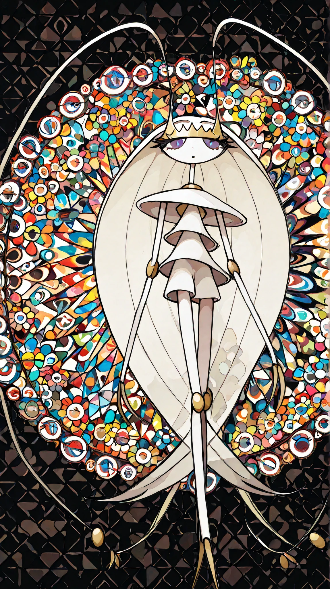 beatiful face, feet,best quality,tonemapping, sharp focus, hyper detailed,(pheromosa),best quality,beautiful,pokemon,(2 fingers),(Clear eyes),solo,detaileds,8K,(slender:1.3),wallpaper,jumping kick,{Colorful flowers on black background), (pheromosa:1.0), intricate digital painting, highly intricate and colorful, dark but detailed digital art, Highly detailed symmetry, detailed digital artwork, Symmetrical intricate details, plethora of colors,colorful intricate masterpiece,(Sticker style:1.5),(Geometric pattern background:1.5),frontage、Sticker style,((over view)),(portrait),