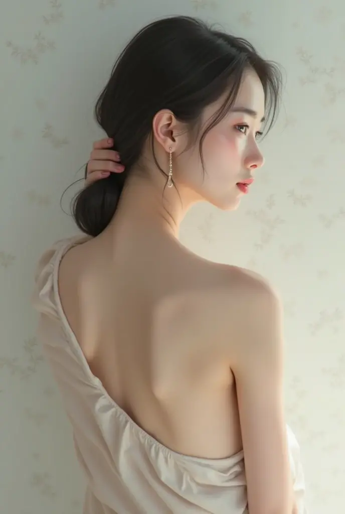ticker、naked、Rear view、whole body、photo taken from below、one beautiful adult maid、((navy blue ponytail))、indoor、hair ornaments