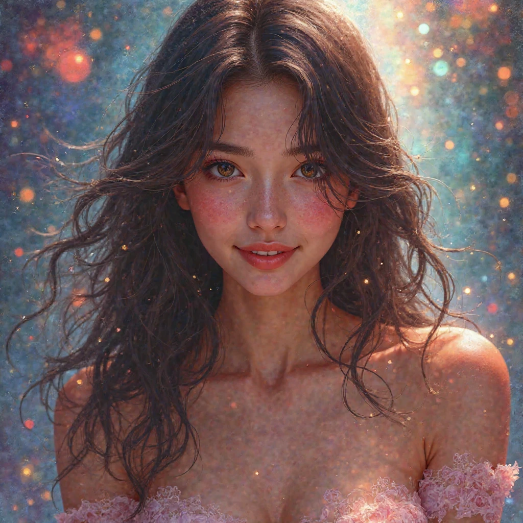 1girl, Smile, High Resolution, Long Hair, Breasts, Sparkle, Abstract, 