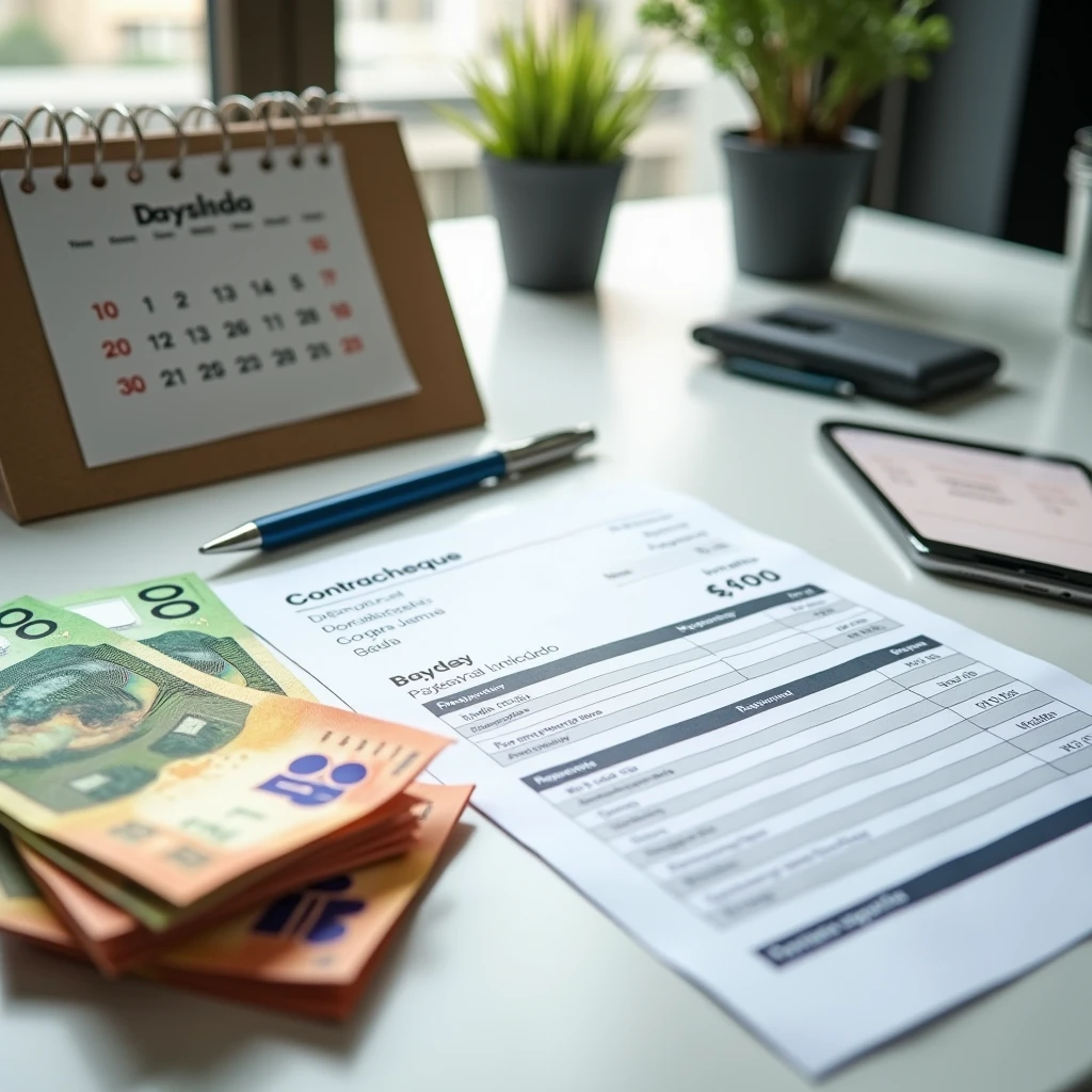 A realistic scene representing salary payment in Brazilian reais. A close-up of a desk with neatly stacked R$100 and R$50 banknotes next to a printed payslip or payment receipt labeled “contracheque.” Additional realistic elements may include a pen, a calendar marked with a payday, and a smartphone showing a salary deposit notification. The environment is professional, clean, and well-lit with natural light. High-definition textures, soft shadows, and a neutral background. No people visible, only objects symbolizing financial organization and salary payment.