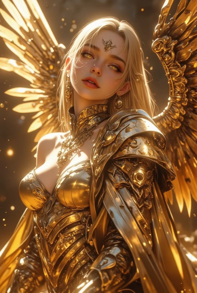 Close-up of a woman wearing a winged Chartreuse dress, full body angel, futuristic robot angel, amazing angel wings, angel knight gothic girl, angel in plastic armor, intricate costume designs, As a mysterious Valkyrie, The whole body is made of Chartreuse feathers.,, futuristic and fantastic, Chartreuse wings, beautiful angel wings, steampunk angel, beautiful cyborg angel girl, graceful wings