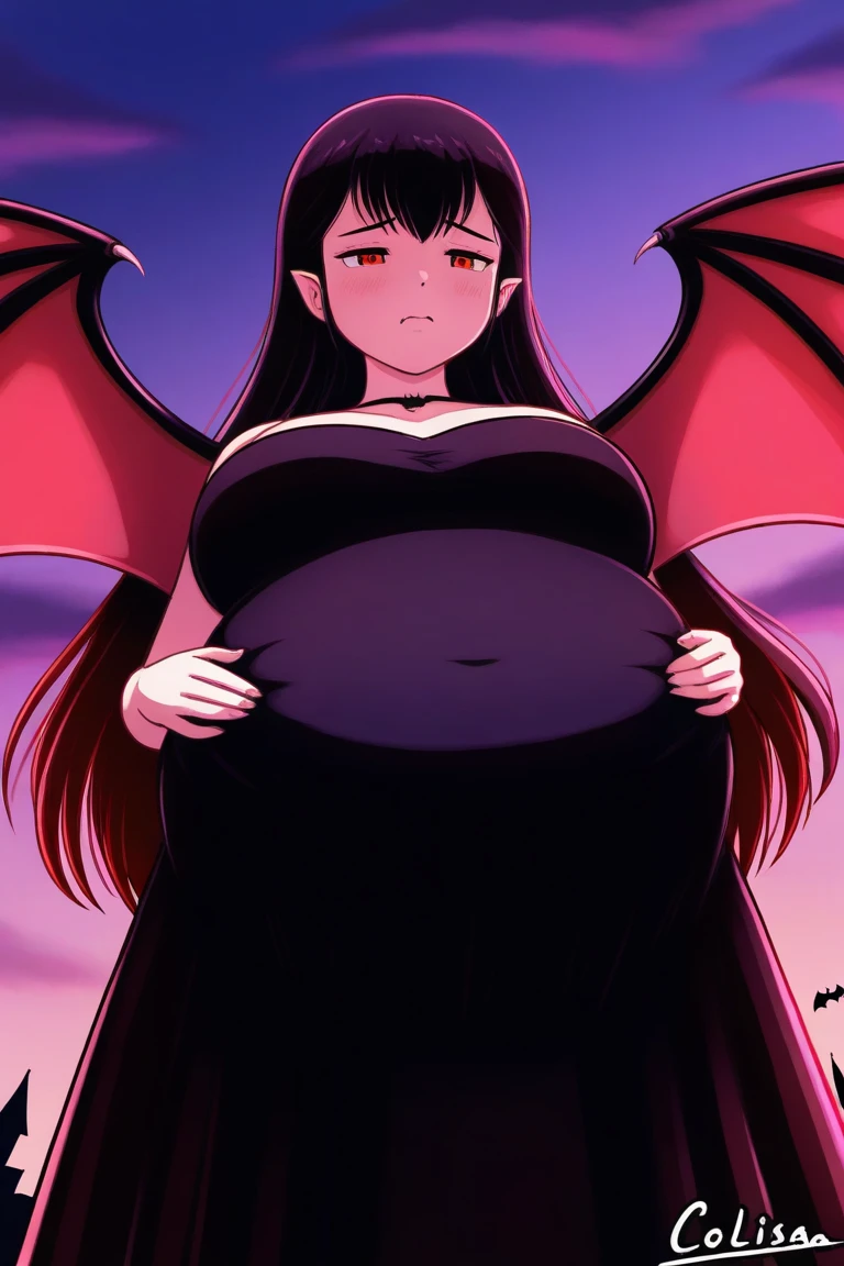 lingerie big boobs succubus vore, big belly, simple background, emotionless, expressionless, aloof, beautiful, masterpiece, best quality, extremely detailed face, perfect lighting, 1girl, solo,