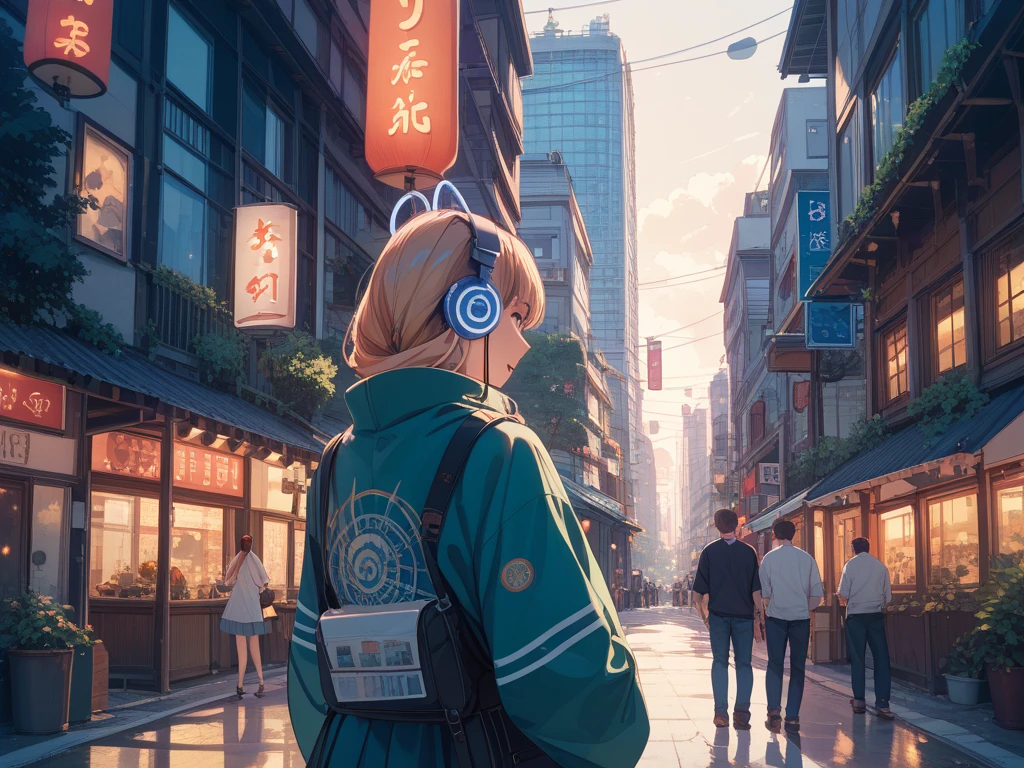headphones、back view、machine、study、 Ghibli style illustration 、 city pop、evening