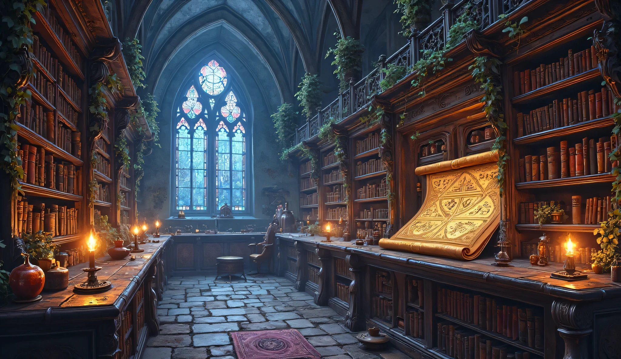 An ancient alchemical library with gothic vaulted ceilings and tall wooden bookshelves filled with glowing scrolls and mysterious vials, biophilic plants hanging from the ceiling, a secret shelf sliding open to reveal a glowing copper-bound grimoire with golden sigils, ethereal blue-violet light filtering through stained-glass windows, magical ambiance, soft glowing runes, enchanted atmosphere, fantasy realism, painterly style, high detail, ambient light