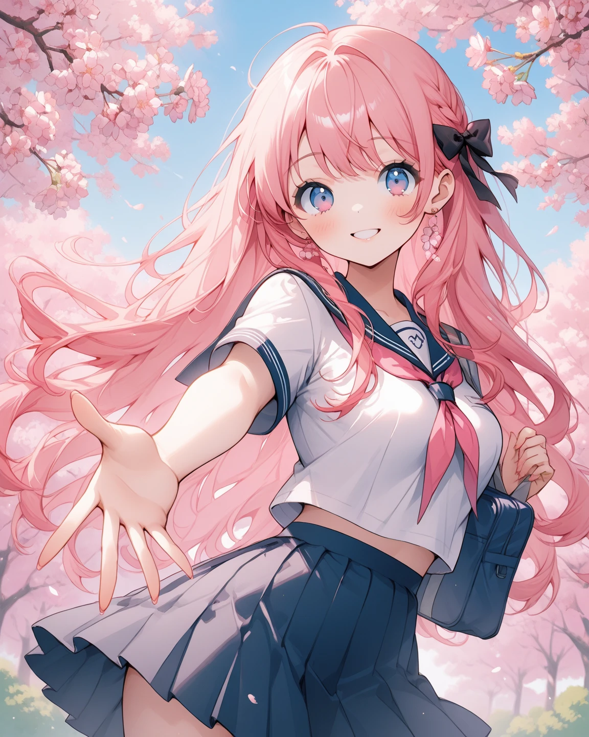 (((high high quality)))，quadratic element，teens girl，adolable，Shy，Student clothing，cherry blossom tree background