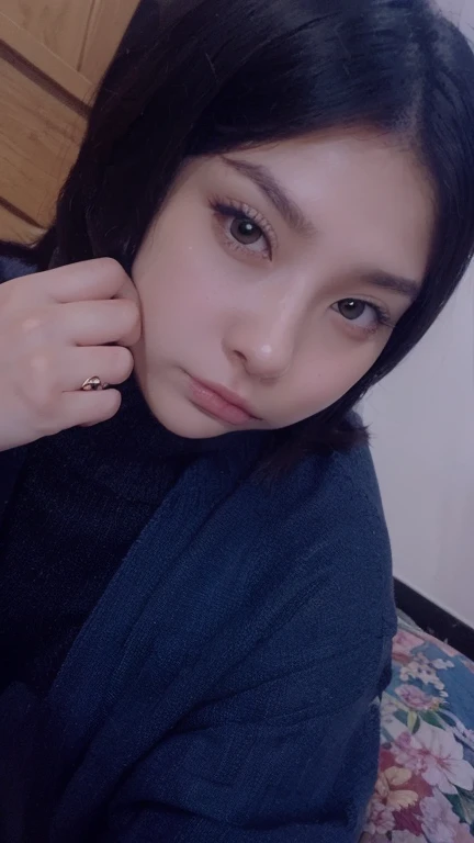 there is a woman sitting on a couch with her arm on her knees, kimi takemura, chiho, chiho ashima, sui ishida, without makeup, lulu chen, yuuka kazami, sha xi, heonhwa choe, jinyoung shin, small heart - shaped face, Yoshitomo Nara, harumi, korean, korean woman