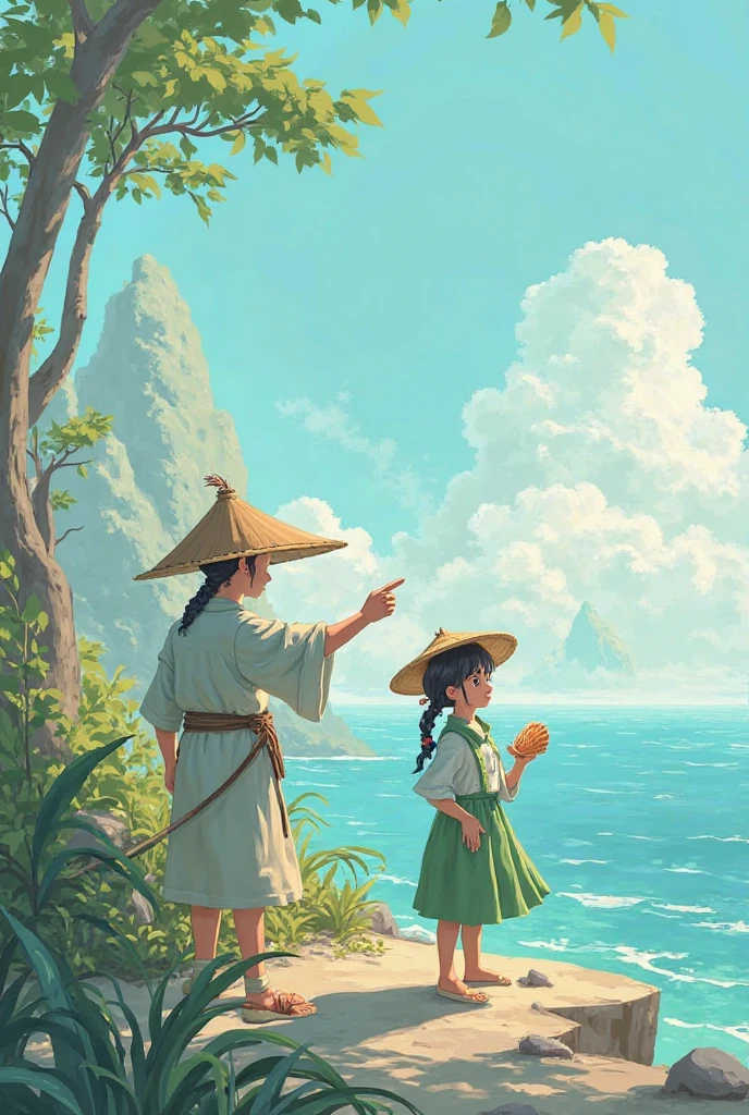 character: Nam, Introduction to the story
Large frame,  wearing a leaf cone , pointing towards the sea. Lan, sister about ,  hair tied on both sides , Wear a wide-brimmed hat, I hold the seashell.
Nam ( excited , raise your hand away): "Lan, Do you know? This is the South China Sea, a place that holds a resilient history of defending our nation's sovereignty."
Lan (Surprise, eyes light up, curious tilt): "Indeed you? I tell you what!"( Orchid looking towards the sea)