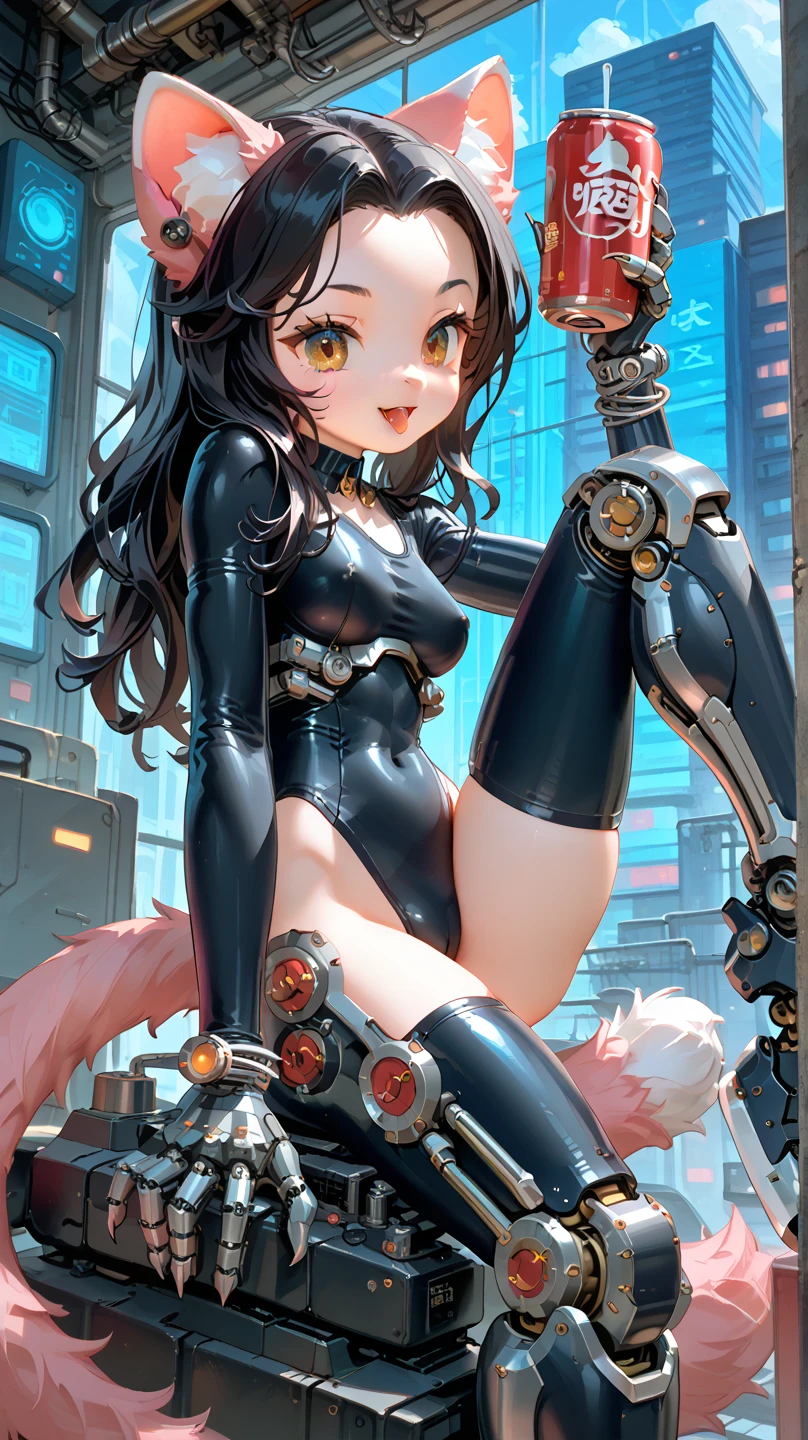 Woman, futa, futanari, big breasts, black hair, neon green eyes, fleshy mouth of red lipstick, latex outfit, best quality, 4k, detailed, details, detailed face, cat ears