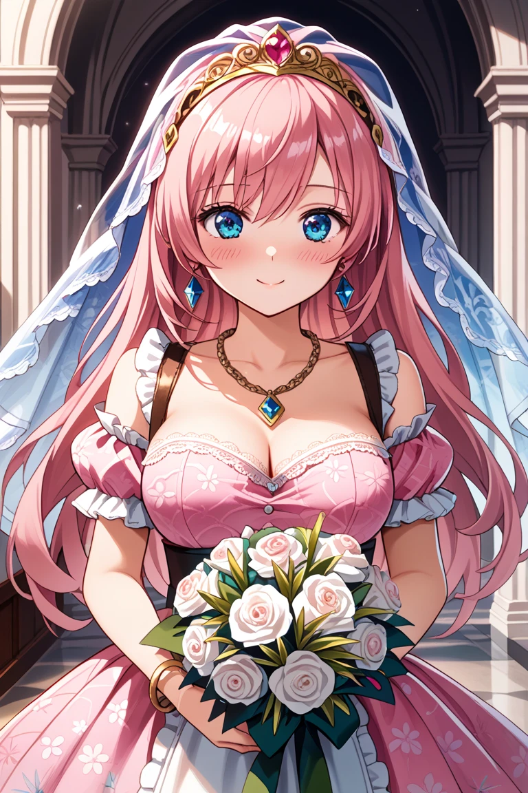 hight resolution, top-quality,  ultra-quality, The ultra-detailliert, lighting like a movie、white church、Wedding lingerie、Wedding gloves up to the arm、A smile、Wedding Panties、a miniskirt、Colossal tits、Pink hair、