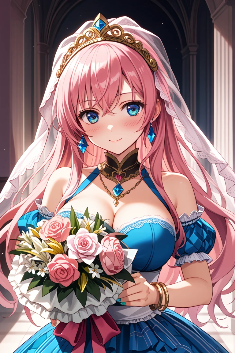 (Anime:1.1), Best quality, Masterpiece, 1girll, Shirley name, multicolored hair, blond hairbl, Pink hair, Gradient hair, Long hair, Medium breasts, Blue eyes, Mature woman, view the viewer, Smile,wedding gown