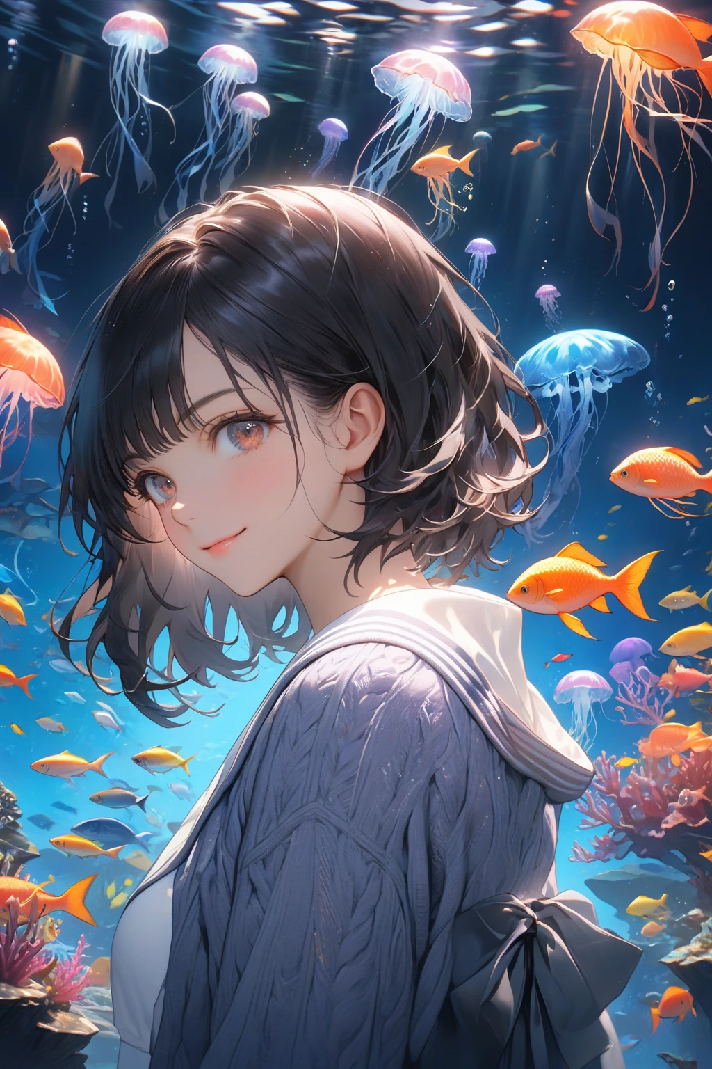 1girl, solo, a girl standing in front of a giant aquarium tank, silhouette, surrounded by colorful fish, glowing jellyfish, underwater lighting, gentle expression, soft smile, warm eyes, relaxed eyebrows, kind gaze, silky black hair, medium hair, side-swept bangs, cardigan, blouse, long skirt, medium breasts, colorful lighting, blue ambiance, (ultra-realism), vivid color contrast, rich contrast, 8k wallpaper, (masterpiece, best quality:1.2), high resolution, highly detailed
