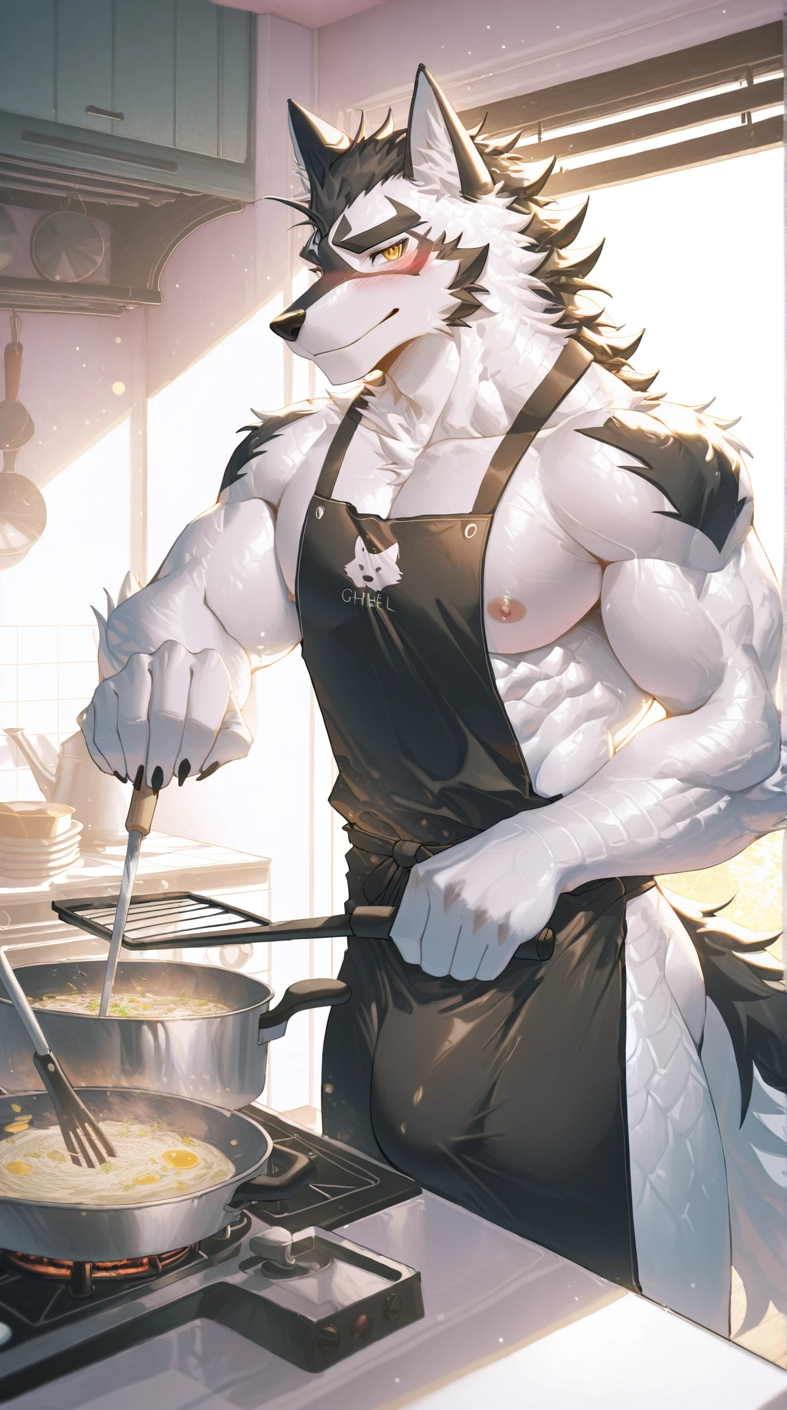 (Best quality: 1.0), (Super High Resolution: 1.0), (masterpiece, best quality:1.2), detailed, detailed hands, detailed eyes, score_9, score_8_up, score_7_up, furry, anthro, ((dragon)), ((solo)), grandpa, (about 70 years old), (manly), curved horns, handsome face, huge, bangs, white beard, beard above mouth, fluffly fur, , looking pleasured, sexuallpose, NSFWrivate, kitchen, (only apron), nude, flaccid, in , panting, sweat, sweaty, musk, (skinny, shy), (looking at viewer, shy), blushes:0.3, butt, side view, (clos view, back view, look back at view), (by bebebebebe, by syuro)