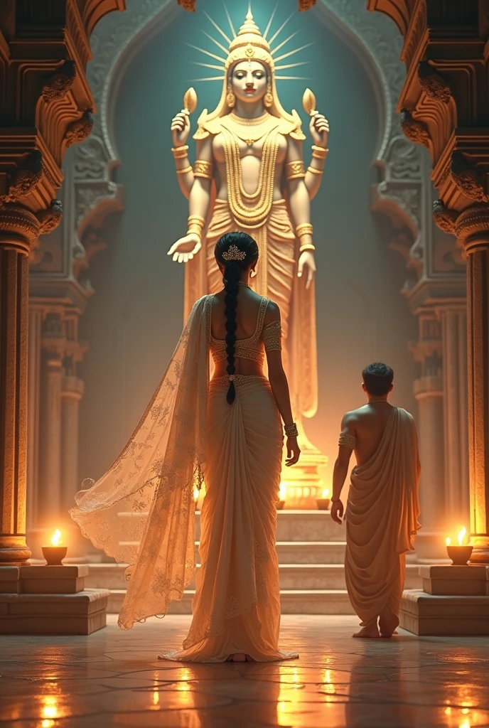 Inside a grand, ancient South Indian temple filled with intricate stone carvings and glowing oil lamps, a divine Indian wife stands in front of a tall idol of a Hindu god, hands folded in deep, serene prayer. She is dressed in a traditional silk saree with detailed zari work, glowing softly with an ethereal light. Her long hair is braided and adorned with jasmine flowers, and her jewelry is regal yet otherworldly, as if she's a celestial being. Her eyes are closed in devotion, fully focused on the deity before her.

Behind her, her husband stands a few steps away—not looking at the idol, but looking at her. His gaze is full of admiration, reverence, and deep love—as if she is his goddess. He wears a traditional Indian dhoti and angavastram, with divine motifs glowing faintly on the fabric. Both of them are not fully human, their appearances subtly magical—skin glowing softly, faint markings like divine energy on their skin.

They are styled in Indian aesthetics only, with anime-inspired but semi-realistic features, avoiding Buddhist or East Asian influences. The wife should be looking only at the god, unaware of her husband’s gaze, and the husband should be completely captivated by her presence, as if worshipping her in his heart.
