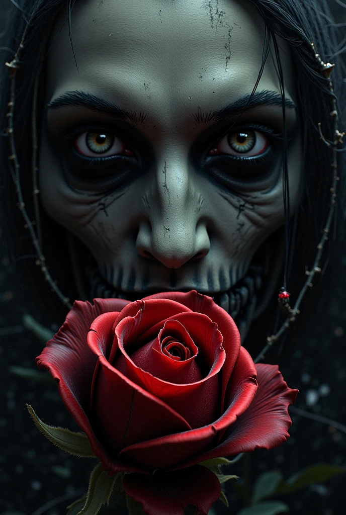 A haunting image of a cannibal and a rose, the cannibal's face obscured in darkness, revealing only a sinister smile and bloodstained teeth, holding a crimson rose delicately in their hand, the thorns piercing their skin, withering petals scattered on the ground, a play of light and shadow enhancing the eerie atmosphere, a macabre fusion of horror and beauty, Photography, black and white with high contrast, shot with a 50mm lens, --ar 1:1 --v 5