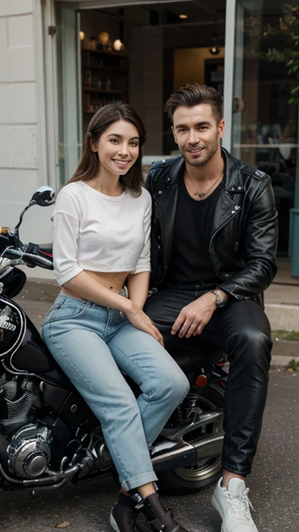 A European woman wearing a pink hoodie and skirt holding a stuffed fox, and she's hugging a man and they are sitting on a motorcycle